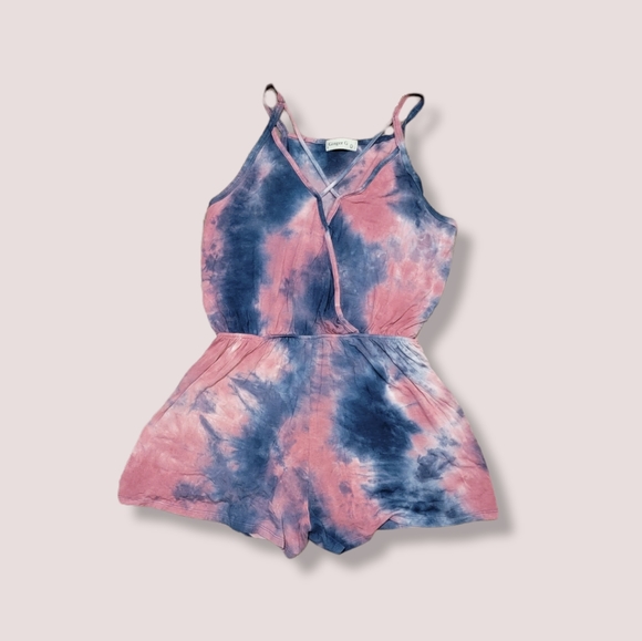 Ginger G Womens Tie Dye Criss Cross Romper in Pink and Blue Size Large - Picture 3 of 4